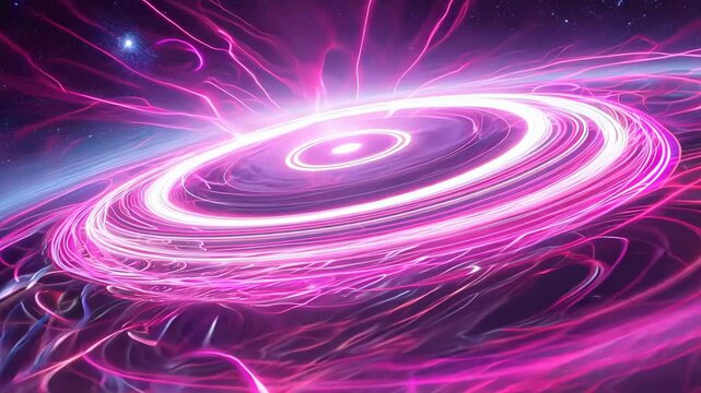 Magenta toroids float in aurora-like atmosphere. Plasma vortex reveals electromagnetic interactions. Radiant rings interconnected by ion trails against polar sky simulate complex space phenomena.	