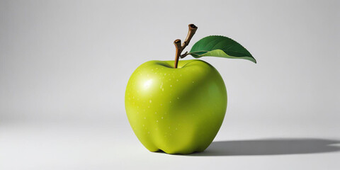 A green apple with a leaf, on a white background 