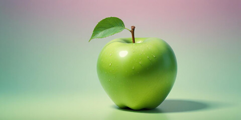 A green apple with a leaf, on a white background 