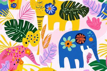Seamless pattern of whimsical jungle elephants with colorful floral patterns on their skin, surrounded by tropical leaves