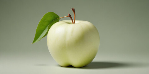 A green apple with a leaf, on a white background 