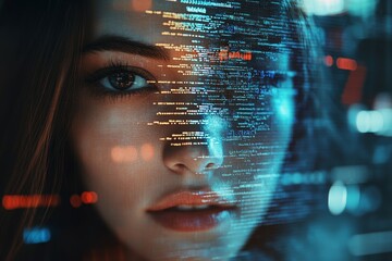 Software, coding hologram and woman in data analytics, information technology and gdpr overlay.