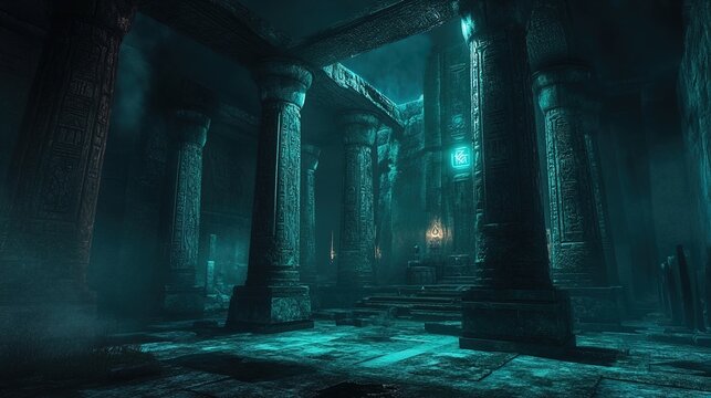 The scene depicts the interior of an ancient, mystical temple shrouded in an eerie blue-green light. The architecture features massive stone columns adorned with intricate carvings and hieroglyphics.  - Powered by Adobe