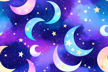 Fototapeta premium Seamless pattern of twinkling stars and crescent moons in various sizes, with a gradient background from deep blue to purple