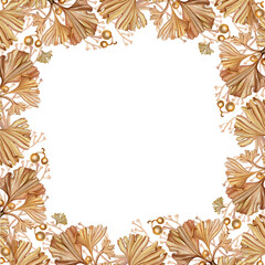 Golden ginkgo biloba square frame. Greeting card, invitation or label template. Hand painted graphic design element for your creative projects. 