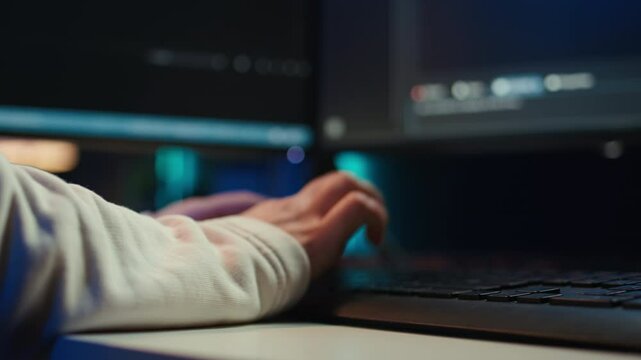 Programmer typing on computer to fix vulnerabilities in software enabling attackers to compromise systems. Woman taking care of security exposures in operating system, writing code, camera Bclose up