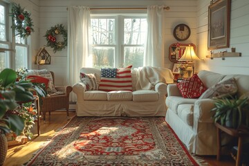 Cozy Living Room with American Flag Pillows and Red Rug