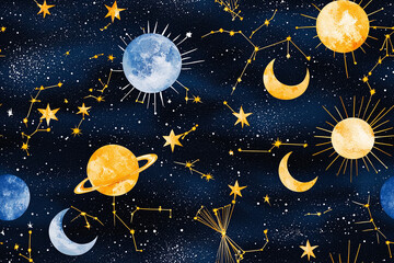 Seamless pattern of constellation-inspired star clusters and zodiac symbols on a dark background