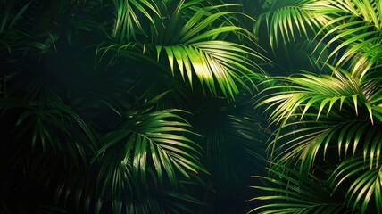 Lush green palm leaves with vibrant lighting in dense foliage