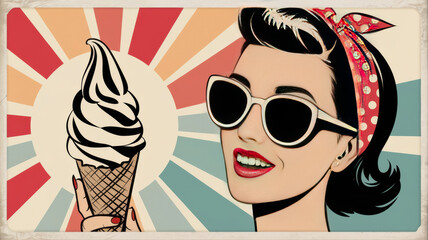 Retro-style postcard illustration featuring a woman from the 1950s enjoying an ice cream cone, wear a polka-dotted red bandana in her hair. wearing vintage-style sunglasses from that era. 
