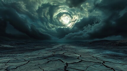 The image depicts a dramatic and surreal landscape with a cracked, dry ground extending into the distance. The sky above is filled with dark, swirling clouds, converging towards a bright, ominous ligh