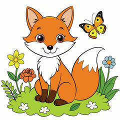 Fototapeta premium A delightful baby fox sitting on grass and surrounded by vibrant flowers and lush greenery capturing a moment of innocence in nature