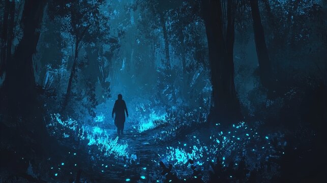 A lone figure walks along a mysterious forest path illuminated by a surreal blue glow. The scene is dark, with dense, shadowy trees towering on either side of the path. Bioluminescent plants and fungi