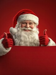 Naklejka premium Smiling Santa Claus showing thumbs up, class, bottom blank red advertising banner background with copy space