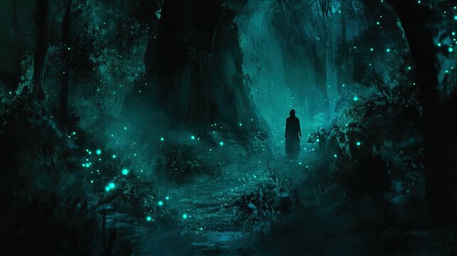 A shadowy figure dressed in a dark cloak walks down a forest path illuminated by a mystical blue-green glow. The scene is dreamlike, with dense trees shrouded in fog, creating an eerie yet enchanting 