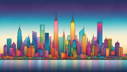 Fototapeta premium Illustrative color illustration of a cityscape or skyline of a distant city in a graphic style