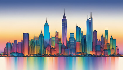 Obraz premium Illustrative color illustration of a cityscape or skyline of a distant city in a graphic style