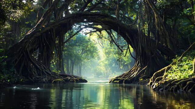 A dense jungle with towering trees and an ancient, mystical river flowing through it