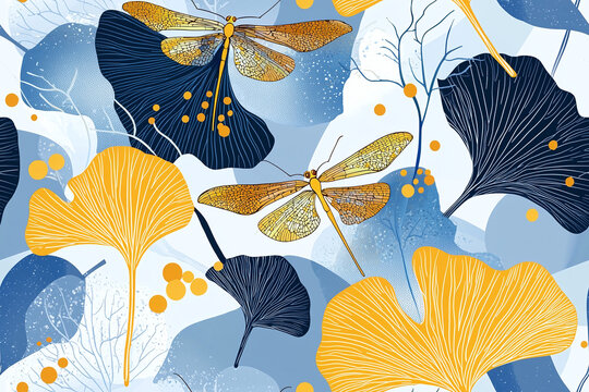 Seamless pattern of art nouveau-inspired ginkgo leaves and dragonflies with organic shapes