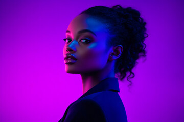 Trendy Navy Blue Blazer for Women with Solid Neon Purple Stylish Lifestyle Portrait in Fashion Background