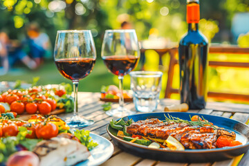 Fototapeta premium Backyard dinner table have a tasty grilled BBQ meat, Salads and wine with happy joyful people on background