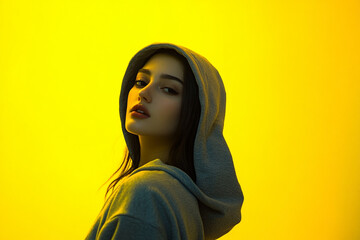 Fototapeta premium Womens Gray Hoodie with Solid Neon Yellow Trendy Lifestyle Portrait in Fashionable Background