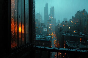 The view from a city apartment balcony as rain falls, with the sounds of the city muted by the weather.