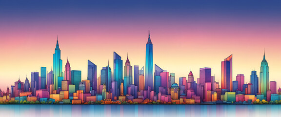 Obraz premium Illustrative color illustration of a cityscape or skyline of a distant city in a graphic style