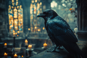 raven overlooking a scene within an old library