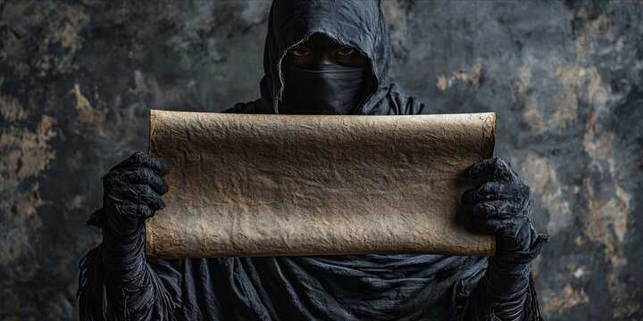 Mysterious Hooded Figure Holding Ancient Scroll in Dark Setting - Powered by Adobe
