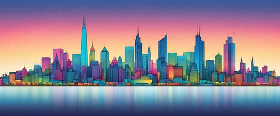 Illustrative color illustration of a cityscape or skyline of a distant city in a graphic style