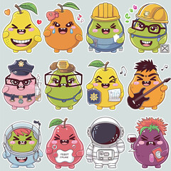 2d vector illustration emoji emote for social media icon for fruits and animals cute character  
