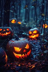 A field of glowing jack-o'-lanterns lit up at night, creating Halloween scene