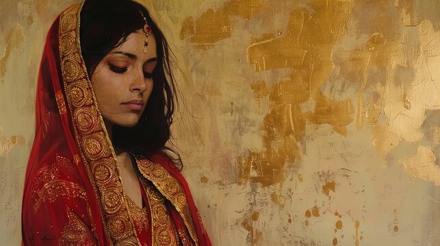 An image of a woman dressed in a traditional red and gold saree. The saree is adorned with intricate golden embroidery with circular and floral patterns. She has her head covered with the pallu, and h
