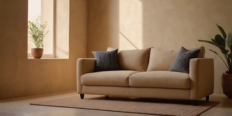 Fototapeta premium Beige sofa next to a stucco wall, facing a grid window. Modern living room interior design with a bohemian touch.