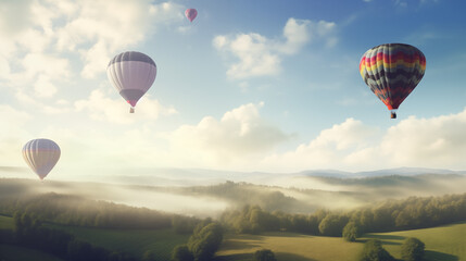 Fototapeta premium Serene Hot Air Balloons Over a Misty Landscape During Sunrise