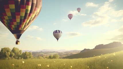Obraz premium Hot Air Balloons Over a Green Meadow with Morning Light