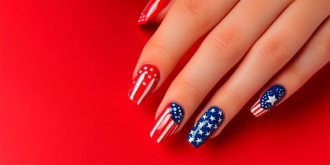 Vibrant close-up of a hand with nails painted with the American flag design, with stars and stripes on a red background.