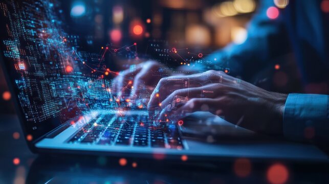 Close-up of a software engineer's hands working on a laptop with a digital overlay of global connections and binary code, showcasing the integration of advanced technology in IT support