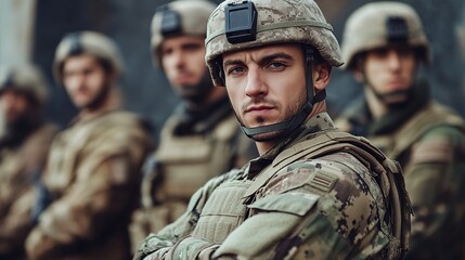 Fototapeta premium soldier posing confidently in front of his squad, with a calm and assured expression, reflecting leadership and authority