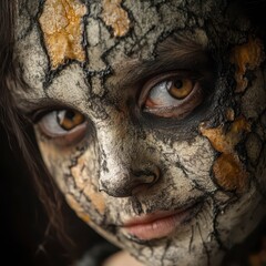 Artistic face paint with textured design and dramatic expression