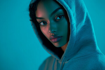 Stylish Womens Gray Hoodie with Neon Aqua Details Chic Lifestyle Portrait with Trendy Fashion Background