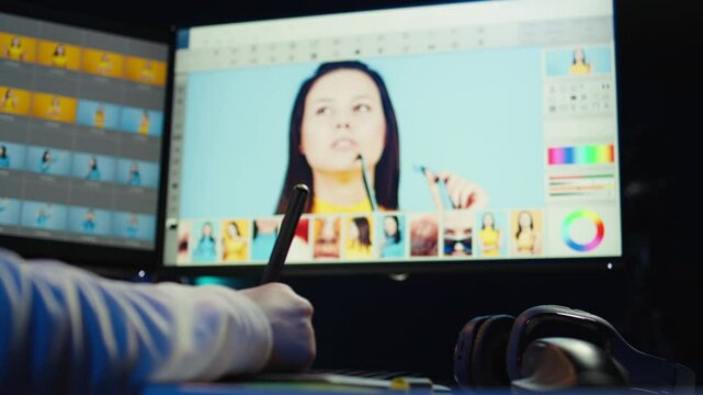 Photo editor using graphic tablet to retouch photographs with editing software on, zooming in to find spots that need correcting. Photographer in creative workplace adjusting images, camera B