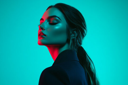 Woman Navy Suit with Solid Neon Teal Modern Lifestyle Portrait with Neon Fashion Setting