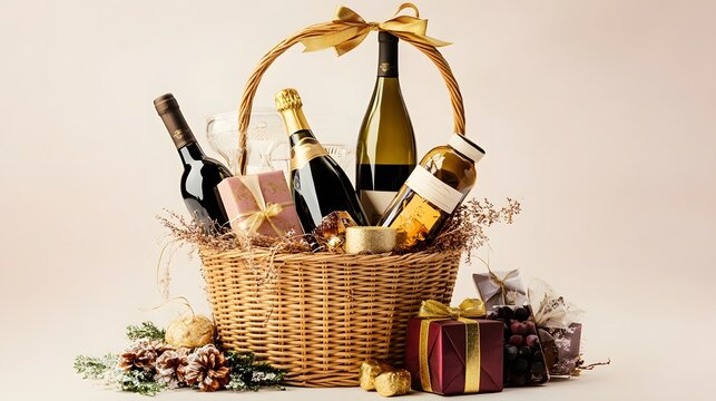 Luxuriously arranged gift hamper featuring fine wine bottles, wrapped gifts, and designer decorations in a wicker basket. Perfect for festive celebrations, elegant gift-giving, and special occasions