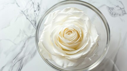 White rose in clear bowl on white marble surface, top view with space for product display.