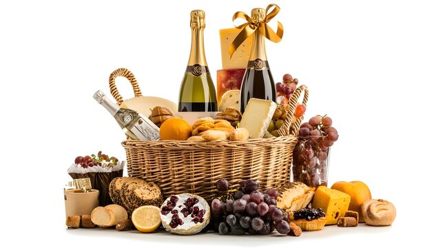 Luxuriously arranged gift hamper featuring fine wine bottles, wrapped gifts, and designer decorations in a wicker basket. Perfect for festive celebrations, elegant gift-giving, and special occasions