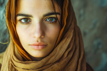 Close up portrait of a woman with a shawl looking at camera. Biblical character concept