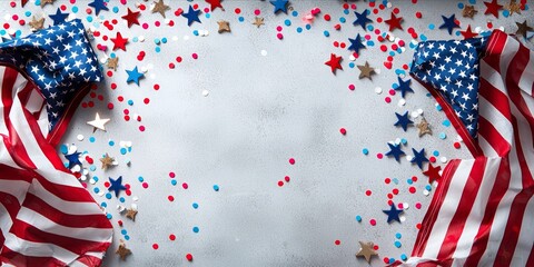 Obraz premium Patriotic Festive Celebration Background with Flags and Star-Shaped Confetti
