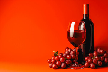 Obraz premium Bottle and glass of red wine and grapes on a red background.